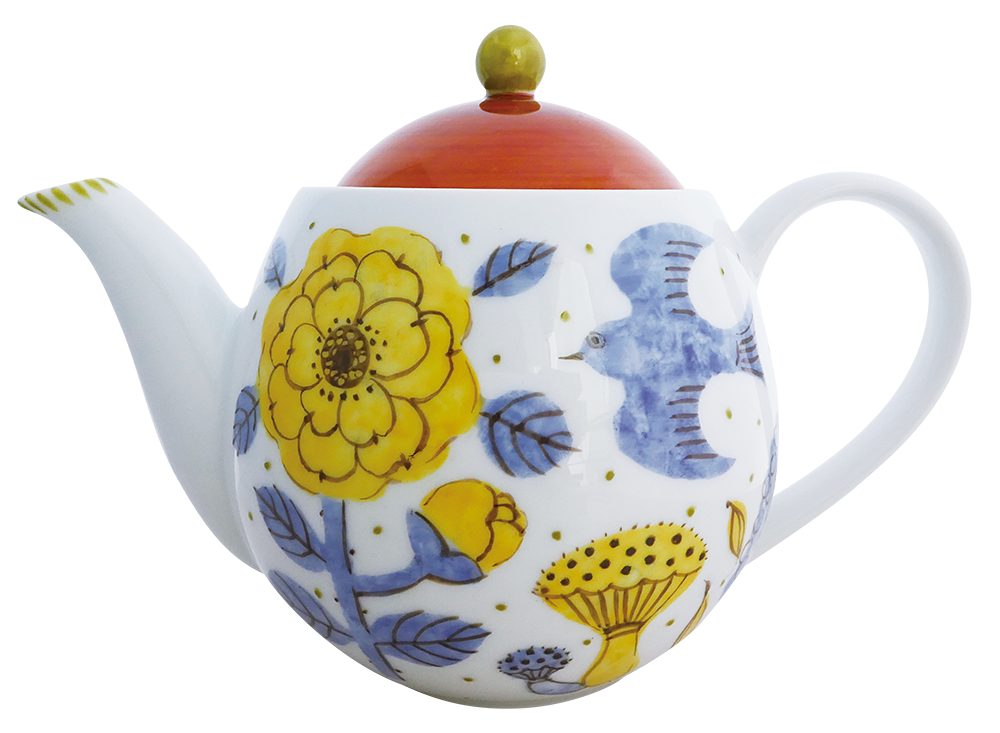 北欧風の花と鳥が描かれたポット