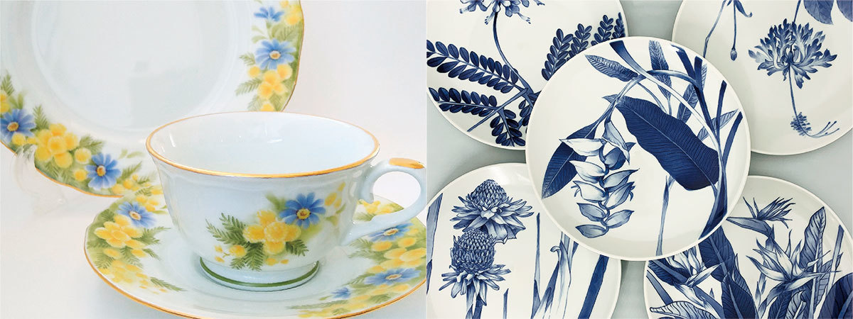 ミモザが描かれたティーセットと染付でさまざまな花が描かれた丸皿5枚