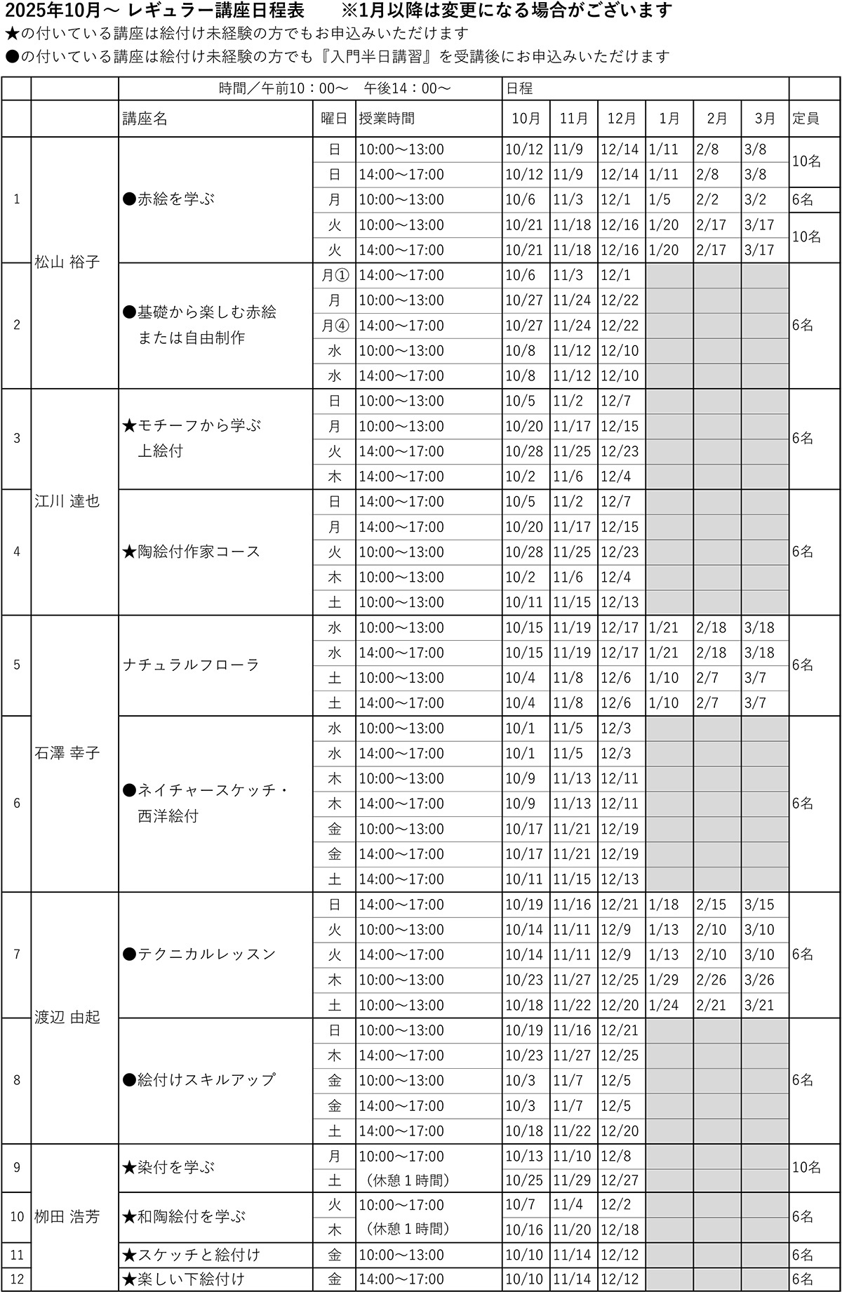 2025年4月からのレギュラー講座の日程表