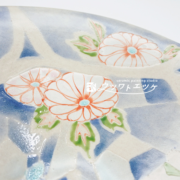 赤や白や緑で描かれた菊のような花柄部分の拡大