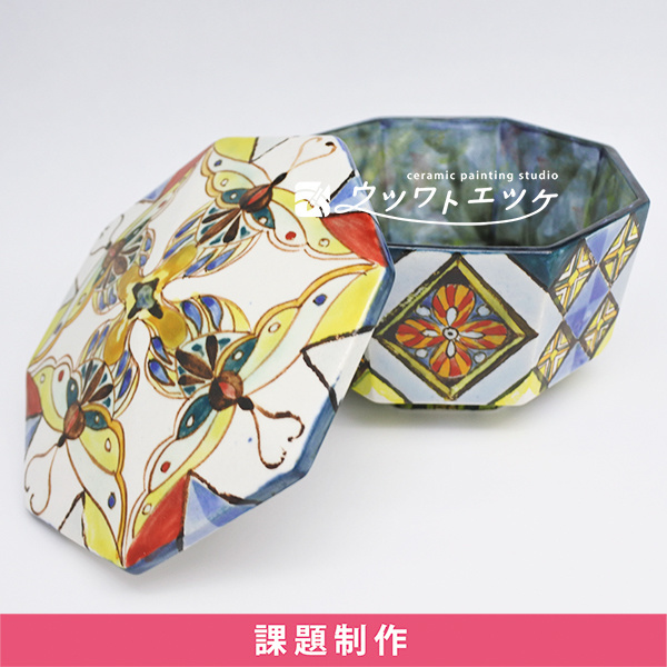 赤や黄色や青などの和絵具で文様が描かれた八角形の箱の蓋が開いた状態
