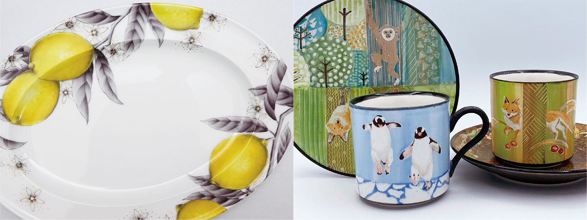 レモンが描かれた楕円形のお皿とペンギンやキツネが描かれたカップやお皿
