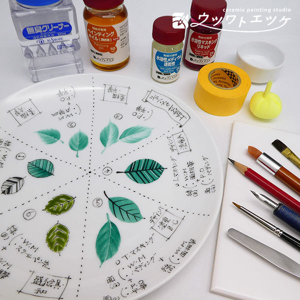 さまざまな方法で葉が描かれた丸皿と絵付け道具の集合